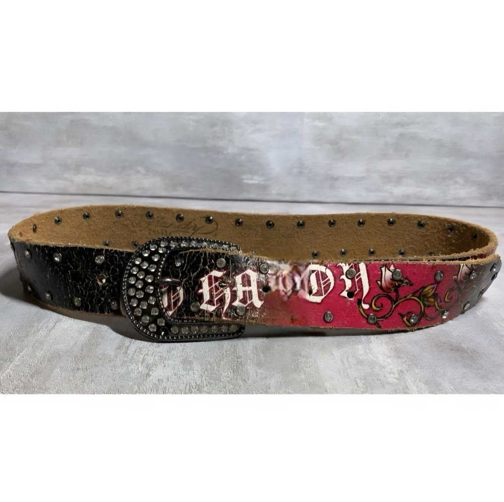Ed Hardy For The World Rhinestone Studded Pink Black Tattoo Leather Belt Sz S-M - Picture 10 of 16